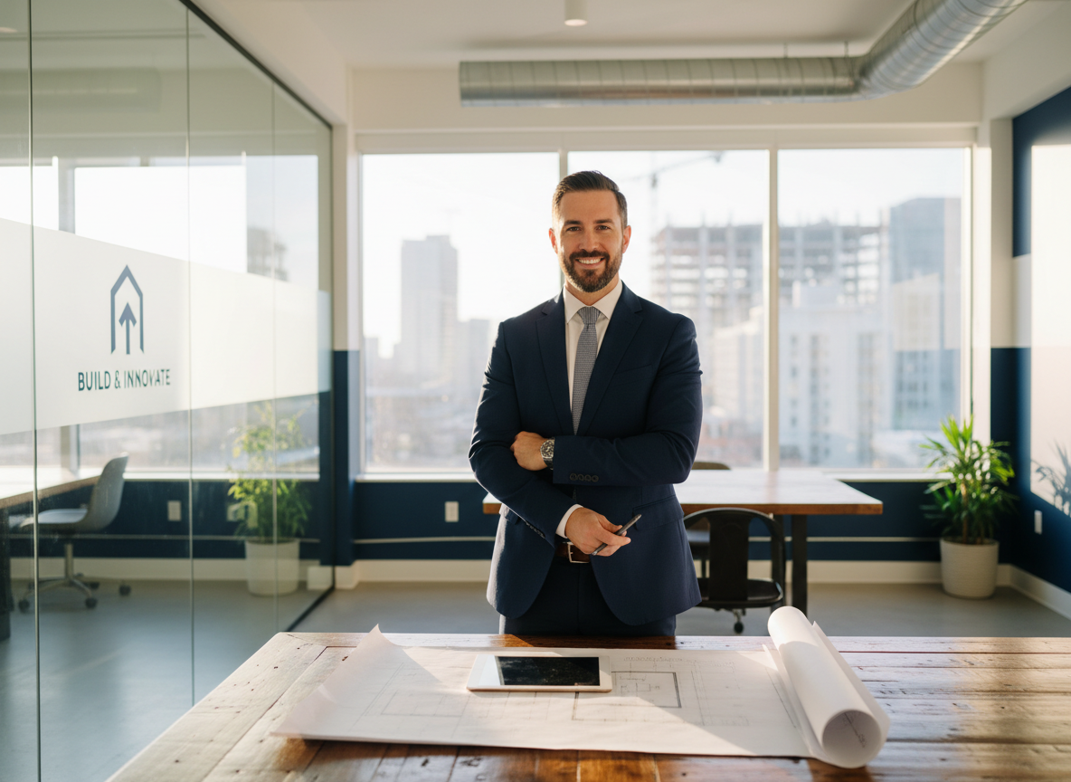 Confident small business owner reviewing business plans at their workplace