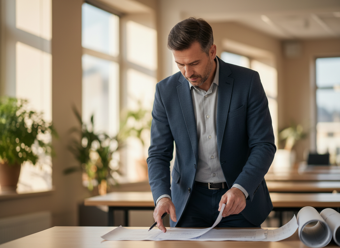 Small business owner reviewing funding documents in a modern office